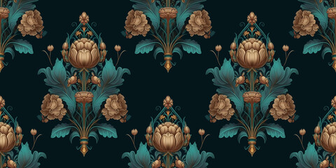 Seamless pattern background in baroque style. Classic luxury old fashioned floral ornament, elegant victorian seamless texture for wallpapers, textile, fabric. Created with generative AI tools - obrazy, fototapety, plakaty