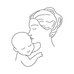Mom hug baby stylized vector symbol. Line art of mother hugging her baby. Mother and child for Happy International Mother's Day card, loving family. Minimal black linear sketch on white. Vector