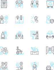 Elderly care linear icons set. Companionship, Mobility, Nutrition, Independence, Safety, Dignity, Memory line vector and concept signs. Health,Socialization,Support outline illustrations