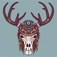 Stoff pro Meter Boho Creative illustration of decorative Deer Skull in hippie style. Generative AI