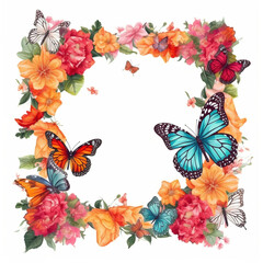 frame with butterflies and flowers, ai generated