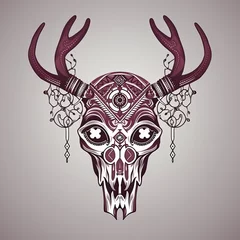 Fototapete Boho Creative illustration of decorative Deer Skull in hippie style. Generative AI