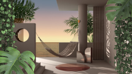 Jungle frame, biophilic concept idea interior design. Tropical leaves over tropical terrace with sunset sky. Cerpegia woodii and monstera deliciosa plants