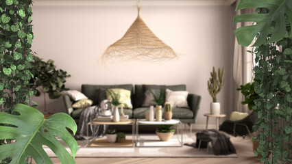 Jungle frame, biophilic concept idea interior design. Tropical leaves over farmhouse living room. Cerpegia woodii and monstera deliciosa plants