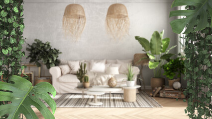Jungle frame, biophilic concept idea interior design. Tropical leaves over bohemian living room. Cerpegia woodii and monstera deliciosa plants