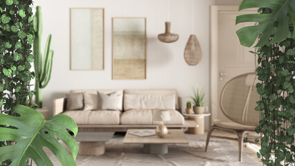 Jungle frame, biophilic concept idea interior design. Tropical leaves over contemporary farmhouse living room. Cerpegia woodii and monstera deliciosa plants