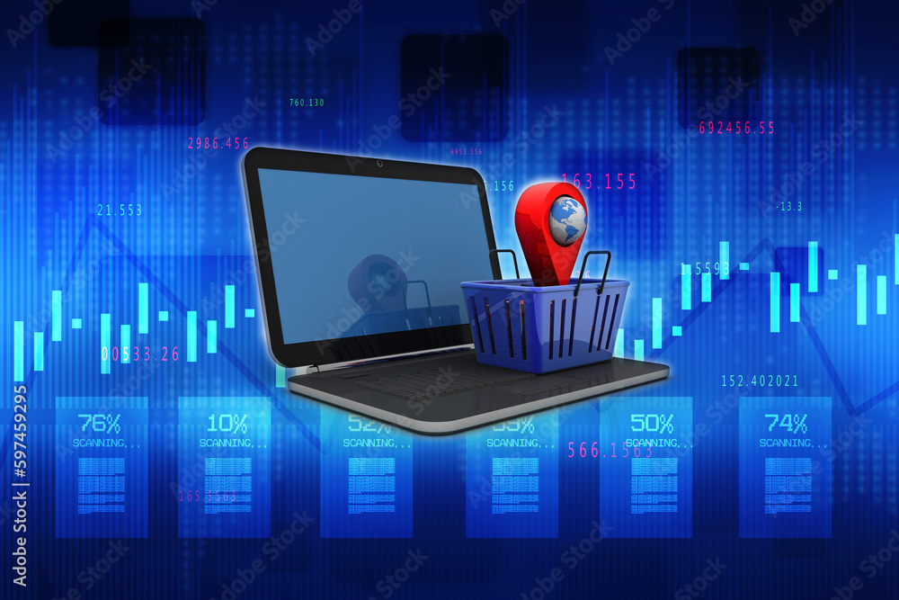Poster 3d rendering red map pointer in basket on laptop