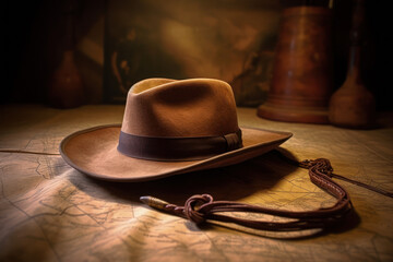 Indiana Jones's hat and whip lying on an ancient citadel map, created with Generative AI technology - obrazy, fototapety, plakaty
