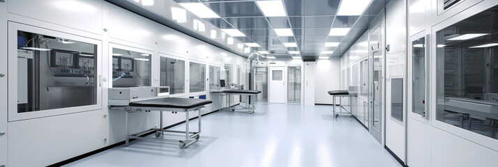 Obraz premium Pharma, pharmaceautical clean room, industrial design for large scale chemical production in controlled sterile conditions, AI generative industrial interior, panoramic banner.