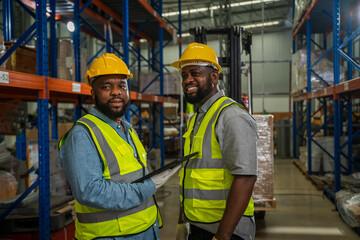 Warehouse worker checking packages on shelf in a large store,Logistics worker storing package boxes.