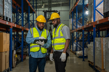 Warehouse employees using digital tablet computer for checking stock in a large distribution warehouse.