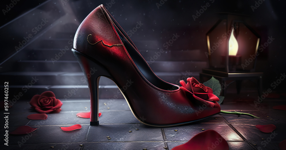 Canvas Prints Black tango shoes, high heel stilettos on a black background decorated with rose flower. AI generative.