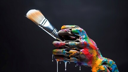 Close-up of a robot's hand with colorful paint splashes, a clean brush in the robot's hand. A social issue regarding the morality of using AI to generate images.