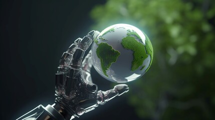 Zrobotyzowana dłoń trzyma kulę ziemską, wyższa technologia, wykorzystanie sztucznej inteligencji do nowych rozwiązań, środowisko, ekologia. - obrazy, fototapety, plakaty