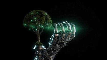 Zrobotyzowana dłoń trzyma drzewo, futurystyczna koncepcja, zastosowanie sztucznej inteligencji do ochrony środowiska. - obrazy, fototapety, plakaty