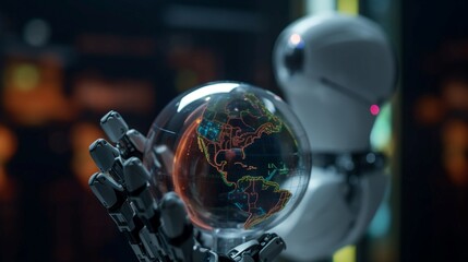 3d rendering robot hand holding earth globe in artificial intelligence concept.