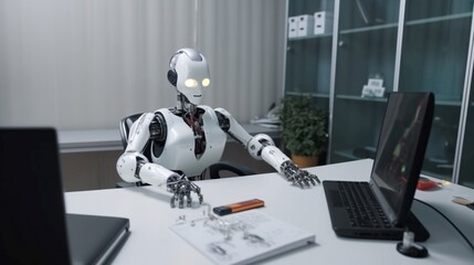 Robot humanoid working on computer in modern office, concept of artificial intelligence.  3D rendering - obrazy, fototapety, plakaty