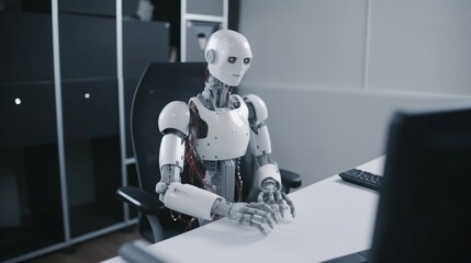 Robot humanoid working on computer in modern office, concept of artificial intelligence.  3D rendering