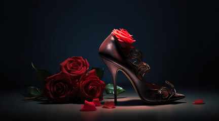 Black tango shoes, high heel stilettos on a black background decorated with rose flowers. AI generative. - obrazy, fototapety, plakaty