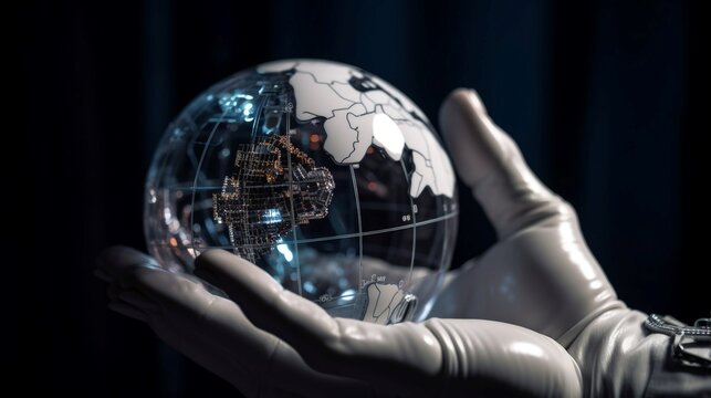 Close up view of robot hand holding Earth globe. 3D rendering
