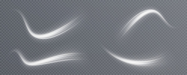 Luminous white lines png of speed. Light glowing effect. Abstract motion lines. Light trail wave png, fire path trace line, car lights, optic fiber and incandescence curve twirl	
