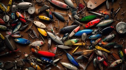 A collection of colorful fishing lures. AI generated
