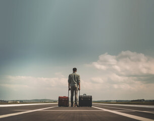 Departure by airplane for business, man with suitcase on empty airport runway. Generative AI