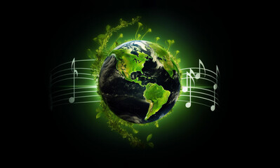Harmony of nature, music notes around planet earth, environment day concept. Generative AI