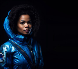 Space suit fashion photoshoot, african american elegant model woman posing with blue futuristic dress. Generative AI