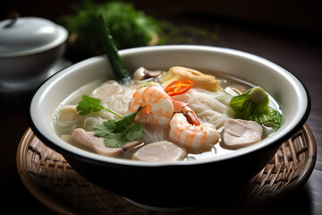 Hu Tieu - a rice noodle soup typically made with pork, shrimp, and a flavorful broth with herbs and vegetables, AI generative