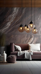 A living room with grey stone feature wall, a couch and a table. AI generative.