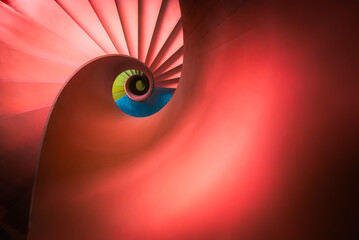 Red spiral staircase high angle vertical view n Chengdu, Sichuan province, China - 597461400
