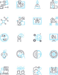 Justice fairness linear icons set. Equity, Impartiality, Equality, Righteousness, Integrity, Hsty, Truth line vector and concept signs. Unbiased,Equitable,Impartiality outline illustrations