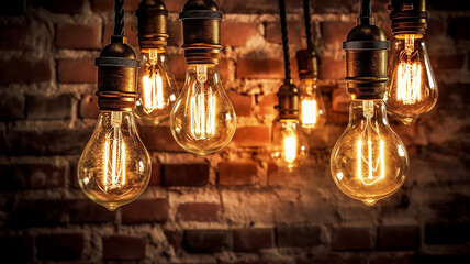 Fototapeta na wymiar generative ai tools, antique edison style light bulbs on brick wall background 