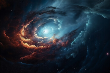 Obraz na płótnie Canvas Abstract colourful spiral galaxy in space, interstellar nebula, realistic swirling vortex. AI generated