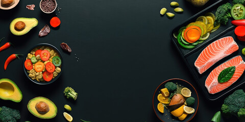 Food Photography: Mouthwatering Spread Of Various Dishes And Fresh Produce On Black Table With Space For Text, Perfect For Food Bloggers And Restaurant Promotions Keto Diet, Healthy Food, No Carbs 
