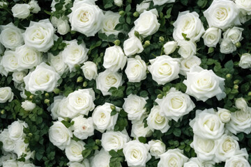 Fototapeta na wymiar White roses arrangement on a green facade, created with Generative AI technology
