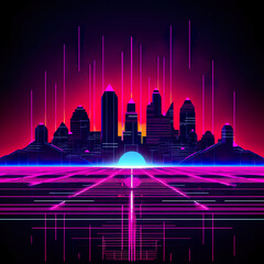 Symmetrical city skyline, purple and magenta neon on black background, 80s style, AI generative image