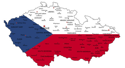 Czech Republic highly detailed political map with national flag isolated on white background.