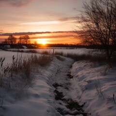sunset in the winter with snow.