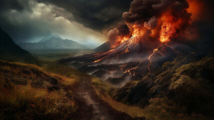 Fototapeta premium Volcano dark fantasy mountain landscape with fire in hills. AI generated.