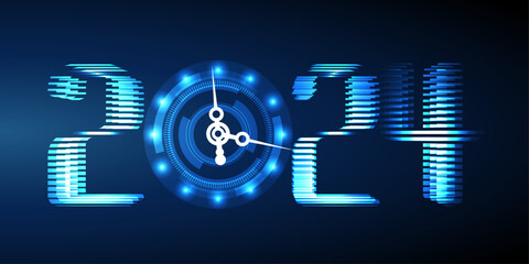Celebration of the Happy New Year 2024 with a blue light abstract on a futuristic technology background, featuring a countdown concept. The clock hands are rotatable. Vector.