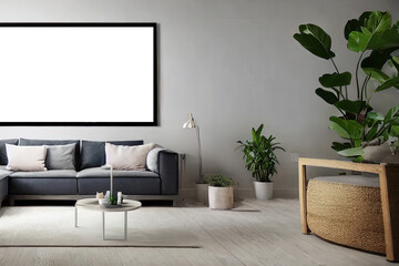Interior design of a greenish grey living room with blank black poster mock up frame. Stylish home decor, grey couch, wall mockup template. 
