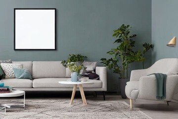 Interior design of a greenish grey living room with blank black poster mock up frame. Stylish home decor, grey couch, wall mockup template. 
