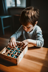 Young child, Caucasian boy, playing quietly with wooden toys, surrounded by a peaceful atmosphere. AI generative illustration of Montessori study materials