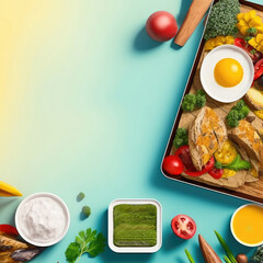 Wholesome Breakfast Tray With Eggs, Vegetables And Fruit On Blue Background - Top View Flat Lay With Copy Space For Your Text Or Image Keto Diet, Healthy Food, No Carbs Generative AI