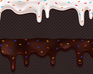 Realistic drip cream drops melt drops with sprinkles. Melted white sweet liquid splashes, glossy cream border with dripping droplets. Seamless pattern. 3d realistic vector