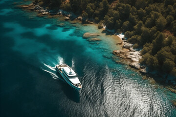 Fototapeta na wymiar Aerial view of luxury yacht next to mediterranean island paradise. AI generated.