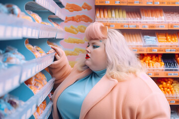 Chubby overweight woman shopping for food in supermarket. AI generative concept illustration of body positivity.