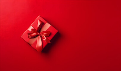 Red Gift Box With Ribbon on Red Background, Top View With Copy Space: AI Generated Image